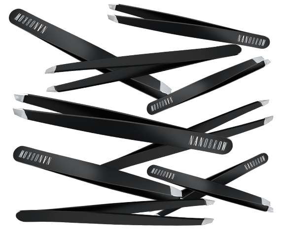 Black Nanobrow eyebrow tweezers in a floating arrangement.