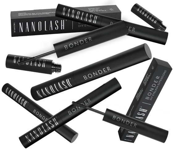 Nanolash DIY Bonder with floating products and packaging in the background.