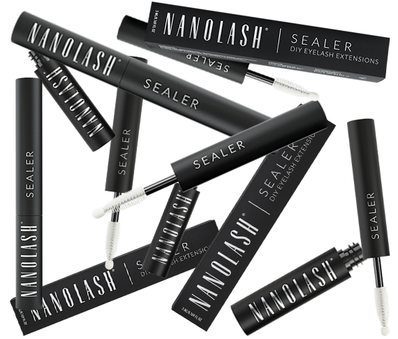 Nanolash DIY Sealer with floating products and boxes on a dark background.