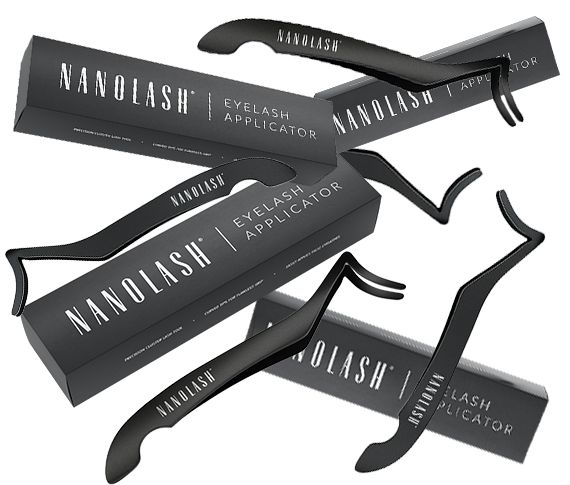 Nanolash eyelash applicator with floating tools and boxes in the background.
