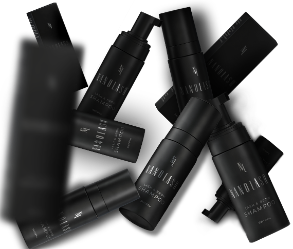 Nanolash lash and brow shampoo with black bottles and packaging.