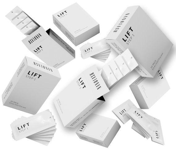 Lift Step 1 boxes and sachets on dark background