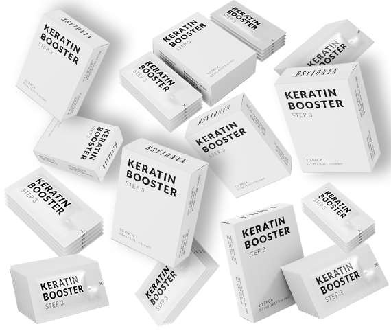 Keratin Booster Step 3 boxes and sachets on dark background